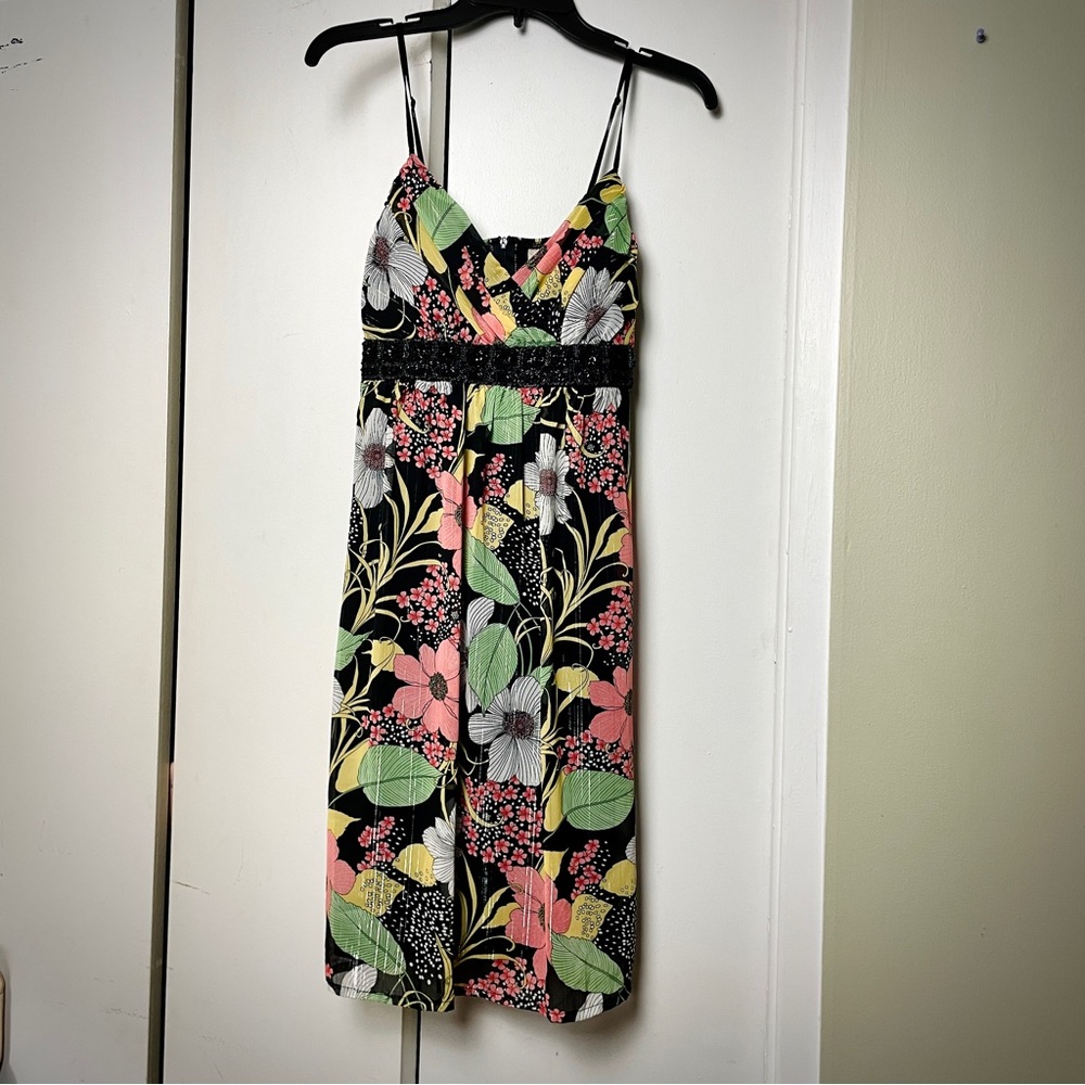 Roulette Black Floral Beaded Spaghetti Strap Midi Dress